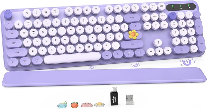 SABLUTE Wireless Keyboard, Round Keycaps, Retro Typewriter Keyboard with Detachable Wrist Rest, Sleep Mode, Foldable Legs, 2.4GHz Full-Size Cordless Computer Keyboard for Windows/PC/Laptop (Colorful-Purple) - Image 1